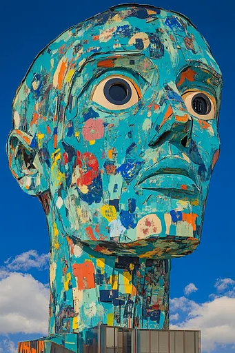 Midjourney generated image using SREF code Cyan Frenzy: A large blue sculpture of a man's face on top of a building.