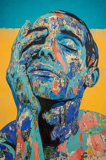 Midjourney generated image using SREF code Cyan Frenzy: A painting of a man with his head in his hands.