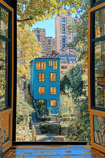 Midjourney generated image using SREF code Cyan Frenzy: A view of a blue building through an open window.