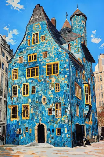 Midjourney generated image using SREF code Cyan Frenzy: A painting of a blue building with a tower on top.