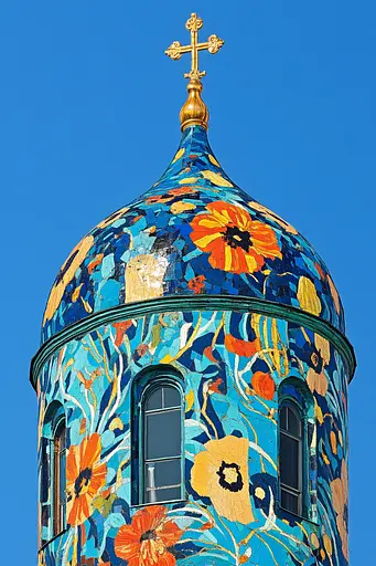 Midjourney generated image using SREF code Cyan Frenzy: A colorful dome with a cross on top of it.