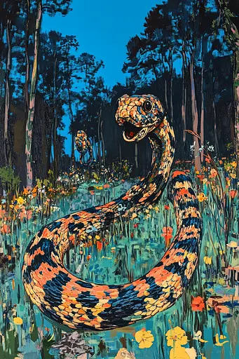 Midjourney generated image using SREF code Cyan Frenzy: A painting of a snake in the middle of a forest.