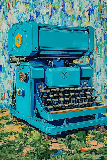 Midjourney generated image using SREF code Cyan Frenzy: A painting of an old blue typewriter sitting on top of a field.