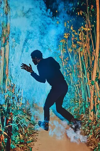 Midjourney generated image using SREF code Cyan Frenzy: A man running through a forest with smoke coming out of his hands.