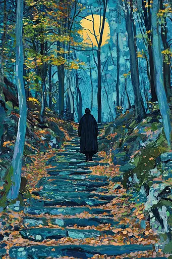 Midjourney generated image using SREF code Cyan Frenzy: A painting of a person walking down a path in the woods.
