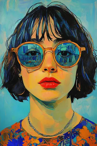 Midjourney generated image using SREF code Cyan Frenzy: A painting of a woman wearing sunglasses and a necklace.