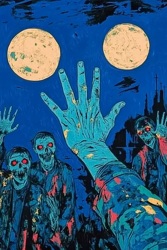 Midjourney generated image using SREF code Cyan Frenzy: A painting of a group of zombies reaching up to the moon.