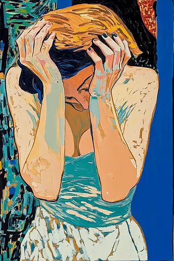 Midjourney generated image using SREF code Cyan Frenzy: A painting of a woman covering her face with her hands.