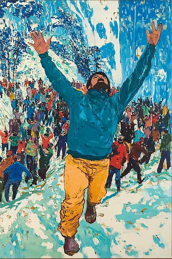 Midjourney generated image using SREF code Cyan Frenzy: A painting of a man jumping in the air in front of a crowd.