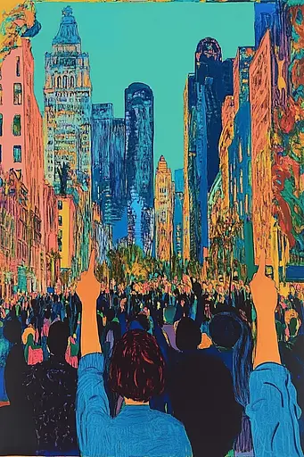 Midjourney generated image using SREF code Cyan Frenzy: A painting of a crowd of people in a city.