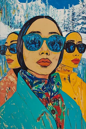 Midjourney generated image using SREF code Cyan Frenzy: A painting of three women wearing sunglasses in the snow.