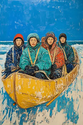 Midjourney generated image using SREF code Cyan Frenzy: A painting of three people in a boat on the water.