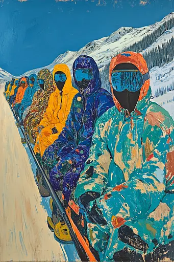 Midjourney generated image using SREF code Cyan Frenzy: A painting of a group of people sitting on a ski lift.