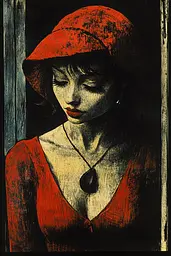 Midjourney generated image using SREF code Woodcut Noir: A painting of a woman wearing a red hat.