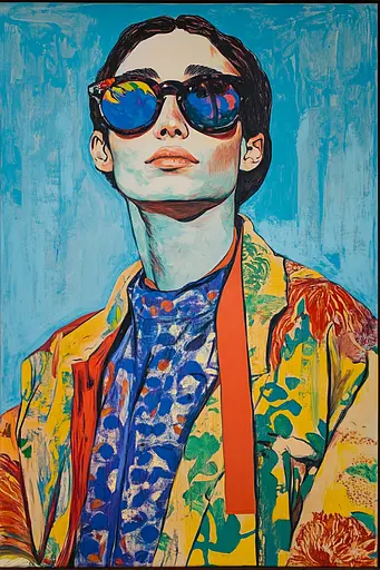 Midjourney generated image using SREF code Cyan Frenzy: A painting of a man wearing sunglasses and a colorful jacket.