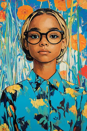 Midjourney generated image using SREF code Cyan Frenzy: A painting of a young girl wearing glasses in a field of flowers.