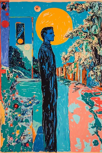 Midjourney generated image using SREF code Cyan Frenzy: A painting of a man standing in front of a street light.