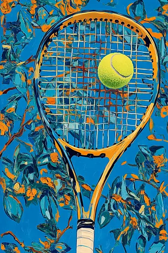 Midjourney generated image using SREF code Cyan Frenzy: A painting of a tennis racket and ball on a blue background.
