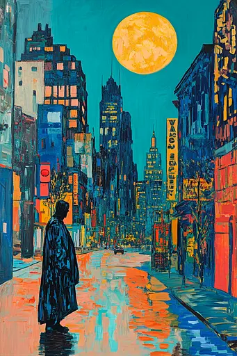 Midjourney generated image using SREF code Cyan Frenzy: A painting of a man walking down a city street at night.
