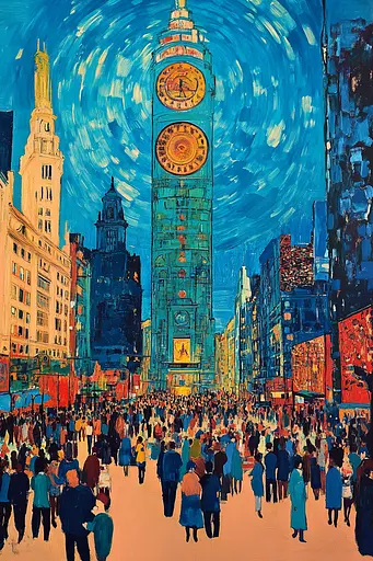 Midjourney generated image using SREF code Cyan Frenzy: A painting of a crowd of people walking in front of a clock tower.