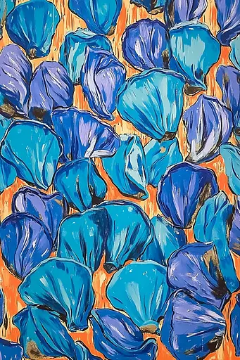 Midjourney generated image using SREF code Cyan Frenzy: A painting of blue flowers on an orange background.