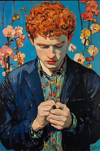Midjourney generated image using SREF code Cyan Frenzy: A painting of a man with red hair and a blue jacket.