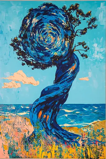 Midjourney generated image using SREF code Cyan Frenzy: A painting of a tree on a beach by the ocean.