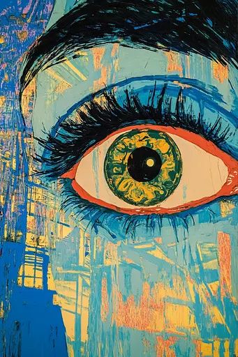 Midjourney generated image using SREF code Cyan Frenzy: A painting of a woman's eye with a blue background.