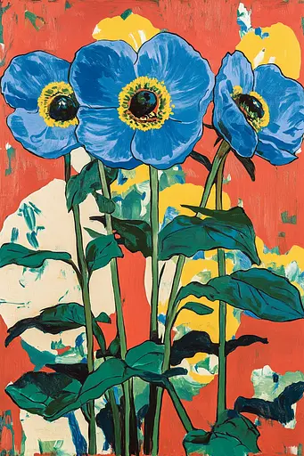Midjourney generated image using SREF code Cyan Frenzy: A painting of blue flowers in a vase on a red background.