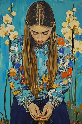 Midjourney generated image using SREF code Cyan Frenzy: A painting of a woman sitting in front of flowers.