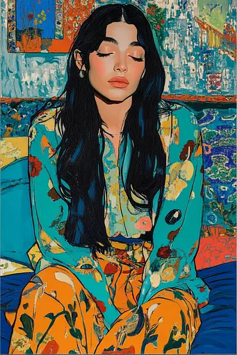 Midjourney generated image using SREF code Cyan Frenzy: A painting of a woman sitting on a couch.