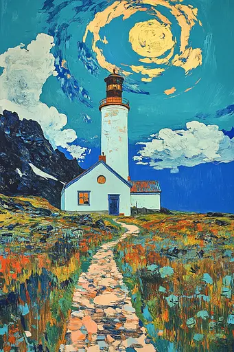 Midjourney generated image using SREF code Cyan Frenzy: A painting of a lighthouse on a hillside with a path leading to it.