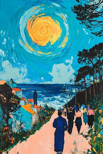 Midjourney generated image using SREF code Cyan Frenzy: A painting of people walking down a path by the ocean.