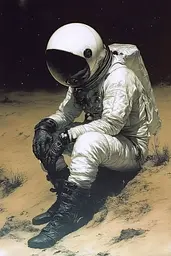 Midjourney generated image using SREF code Abyssal Echo: A painting of an astronaut kneeling on the ground.