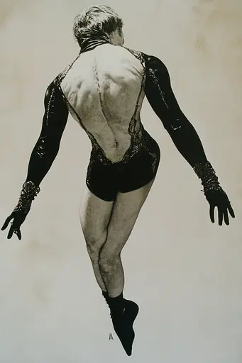 Midjourney generated image using SREF code Abyssal Echo: A black and white photo of a man in a bodysuit.