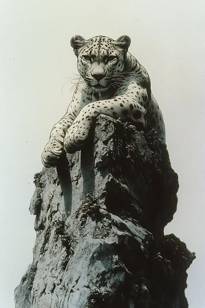 Midjourney generated image using SREF code Abyssal Echo: A leopard sitting on top of a large rock.