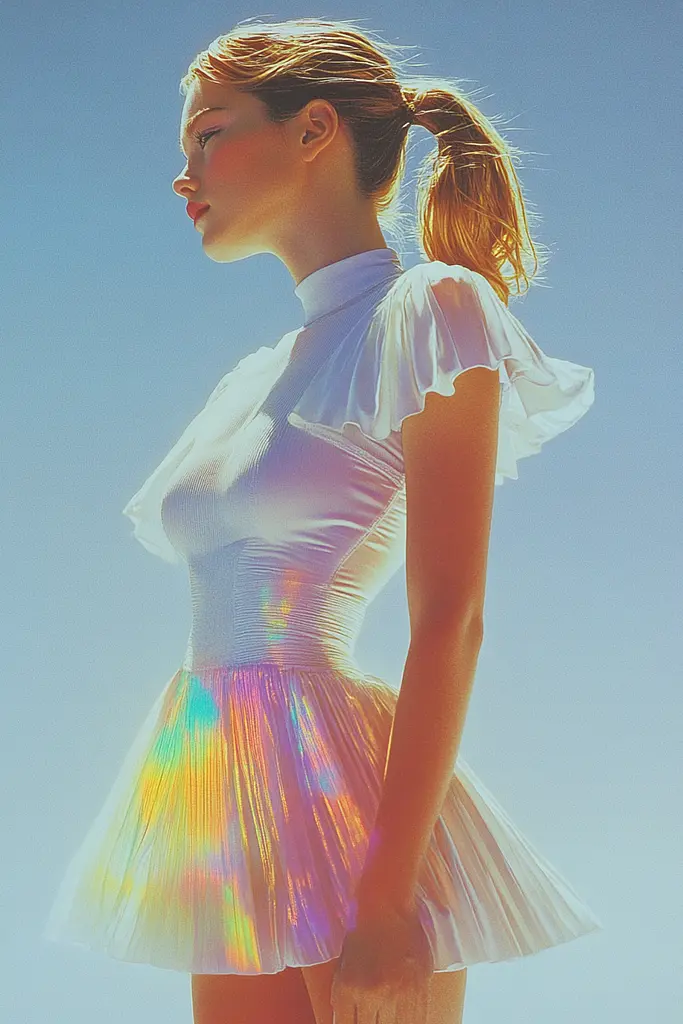 Midjourney generated image using SREF code Luminous Dreams: A woman in a white top and a rainbow colored skirt.