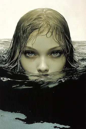 Midjourney generated image using SREF code Abyssal Echo: A woman in the water with her face submerged in water.