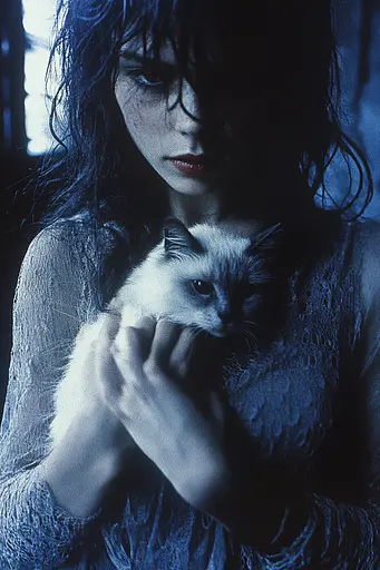 Midjourney generated image using SREF code Nocturnal Echo: A woman holding a white cat in her arms.