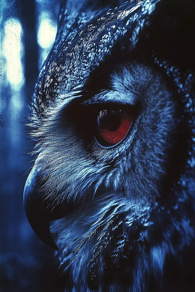 Midjourney generated image using SREF code Nocturnal Echo: A close up of an owl's face with red eyes.