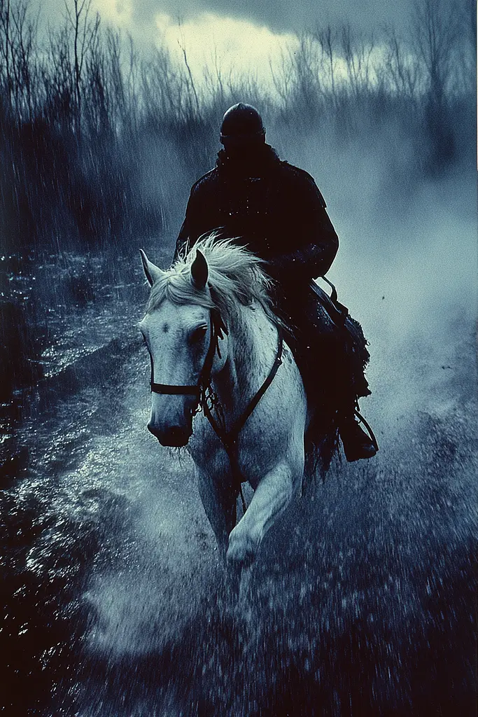 Midjourney generated image using SREF code Nocturnal Echo: A man riding on the back of a white horse in the rain.