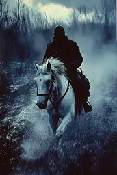 Midjourney generated image using SREF code Nocturnal Echo: A man riding on the back of a white horse in the rain.