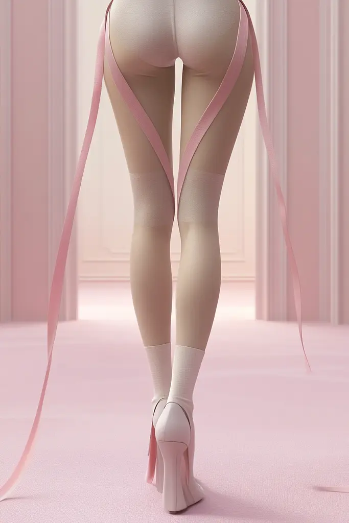 Midjourney generated image using SREF code Cremefloat: A woman in white stockings and high heels with a pink ribbon around her butt.