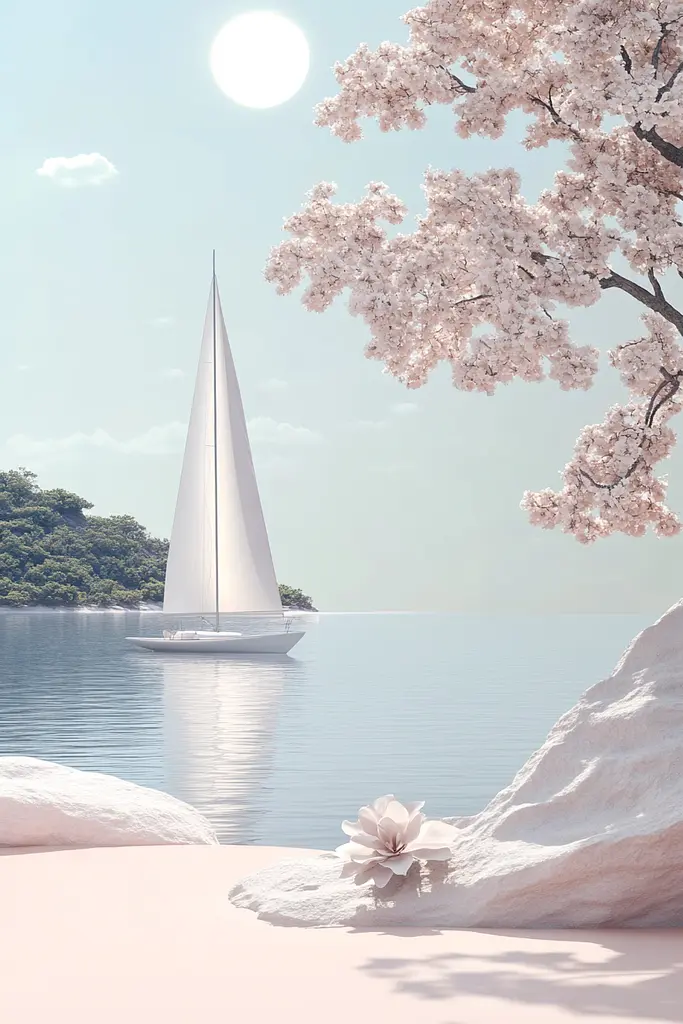 Midjourney generated image using SREF code Cremefloat: A white sailboat floating on top of a body of water.