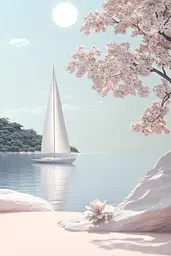 Midjourney generated image using SREF code Cremefloat: A white sailboat floating on top of a body of water.