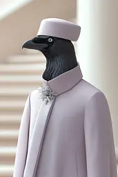 Midjourney generated image using SREF code Cremefloat: A black bird wearing a purple coat and a white hat.