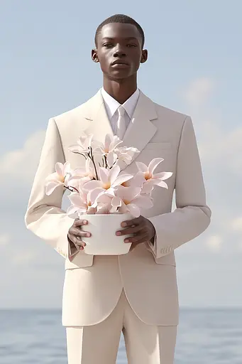 Midjourney generated image using SREF code Cremefloat: A man in a white suit holding a bowl of flowers.