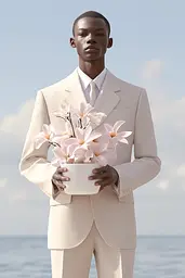 Midjourney generated image using SREF code Cremefloat: A man in a white suit holding a bowl of flowers.