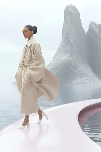 Midjourney generated image using SREF code Cremefloat: A woman in a beige coat is walking on a pink surface.