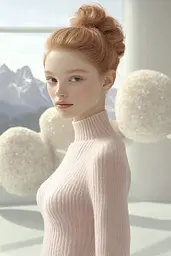 Midjourney generated image using SREF code Cremefloat: A woman in a pink sweater standing in front of a window.